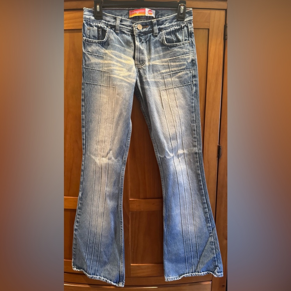 Kosiuko Y2K Light Blue Button Fly Flare Wide Leg Jeans Vintage Distressing EGUC!